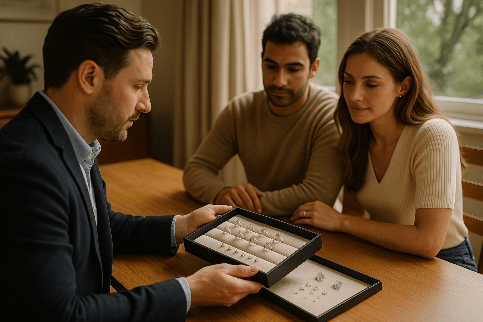Hands wearing solitaire rings in yellow gold, white gold, rose gold, and platinum to compare metal colours.