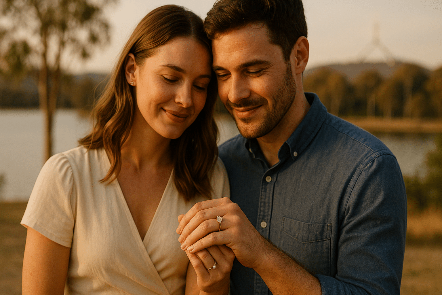 A Canberra couple holding hands outdoors with a close-up focus on the engagement ring.