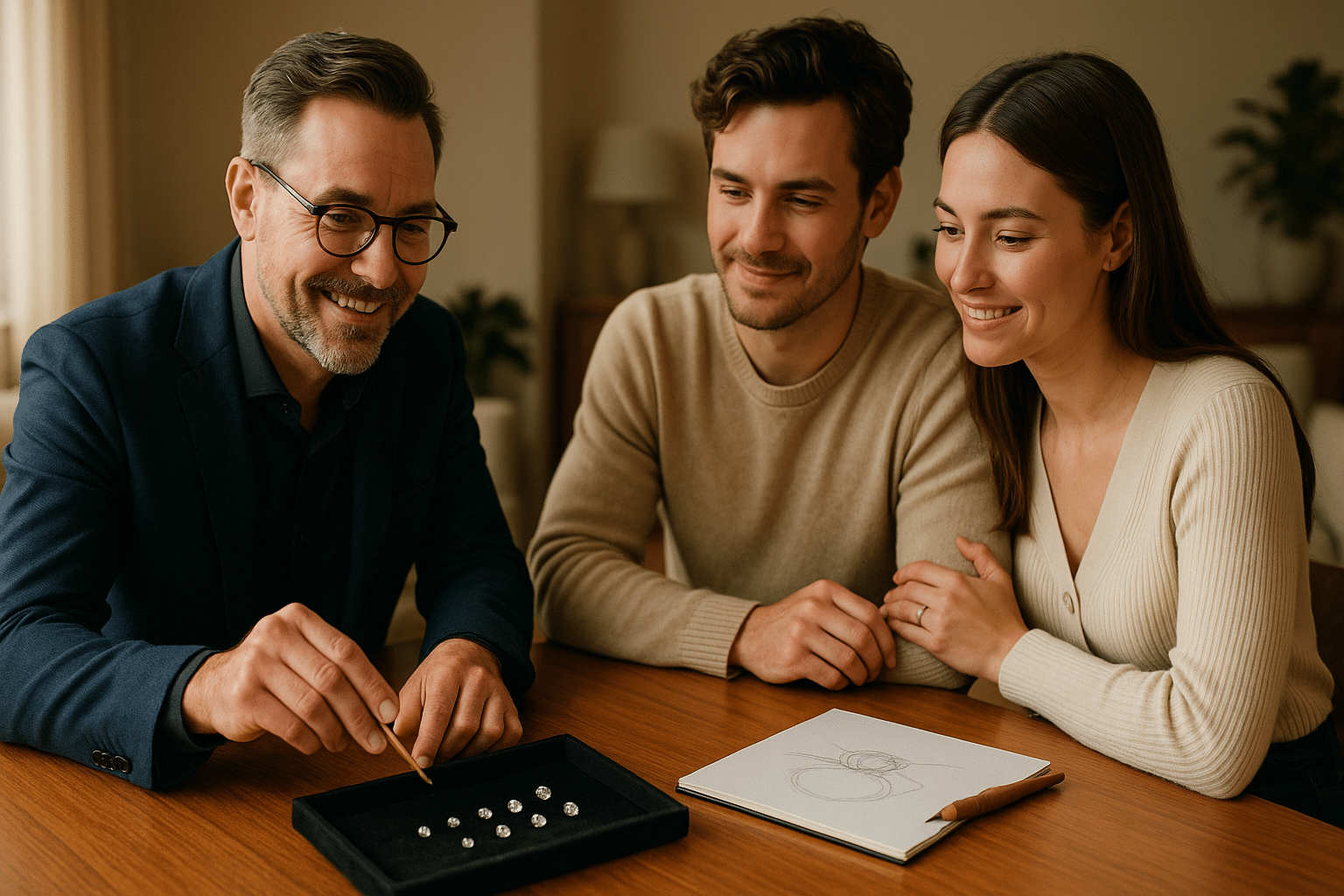 Master jeweller presenting loose diamonds and a hand-drawn ring sketch to a couple during a private consultation.