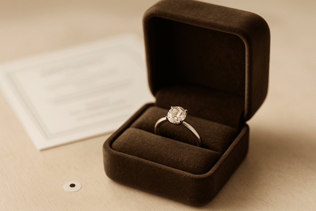 A certified diamond engagement ring presented in a box with documentation symbolising authenticity and trust.