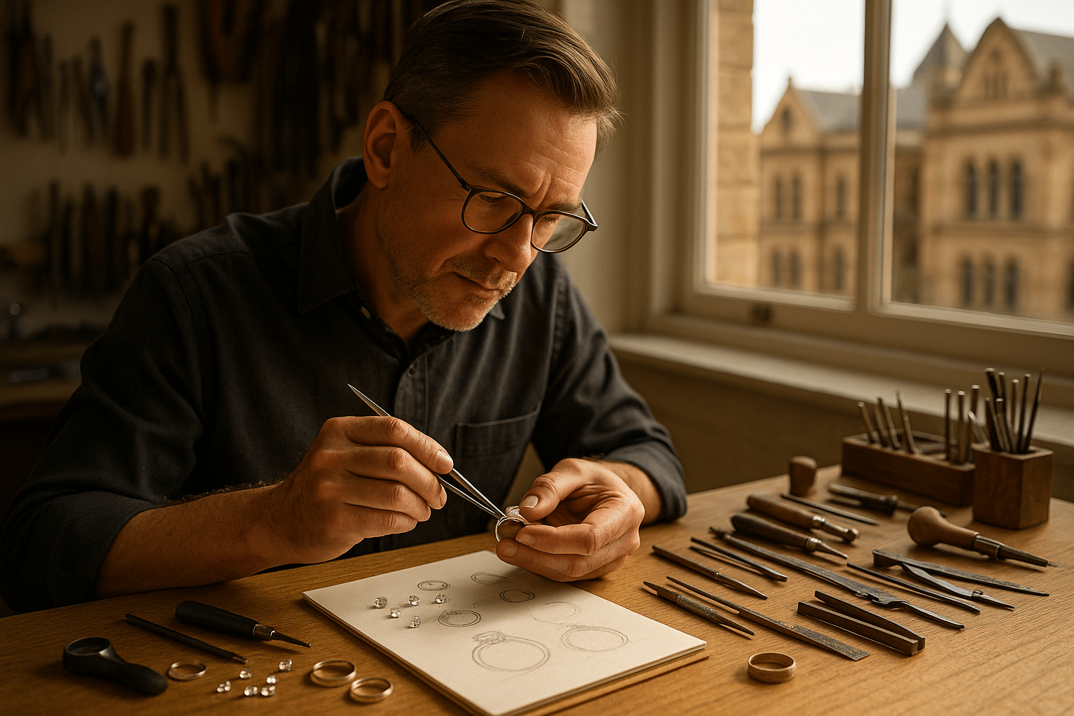 Jeweller crafting a bespoke engagement ring at a wooden workbench with diamonds, tools, and Adelaide architecture visible through a window.