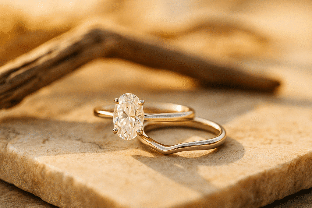 Engagement Rings Gold Coast 2 Custom engagement ring and wedding band set displayed on a stone surface with soft coastal-inspired elements in the background