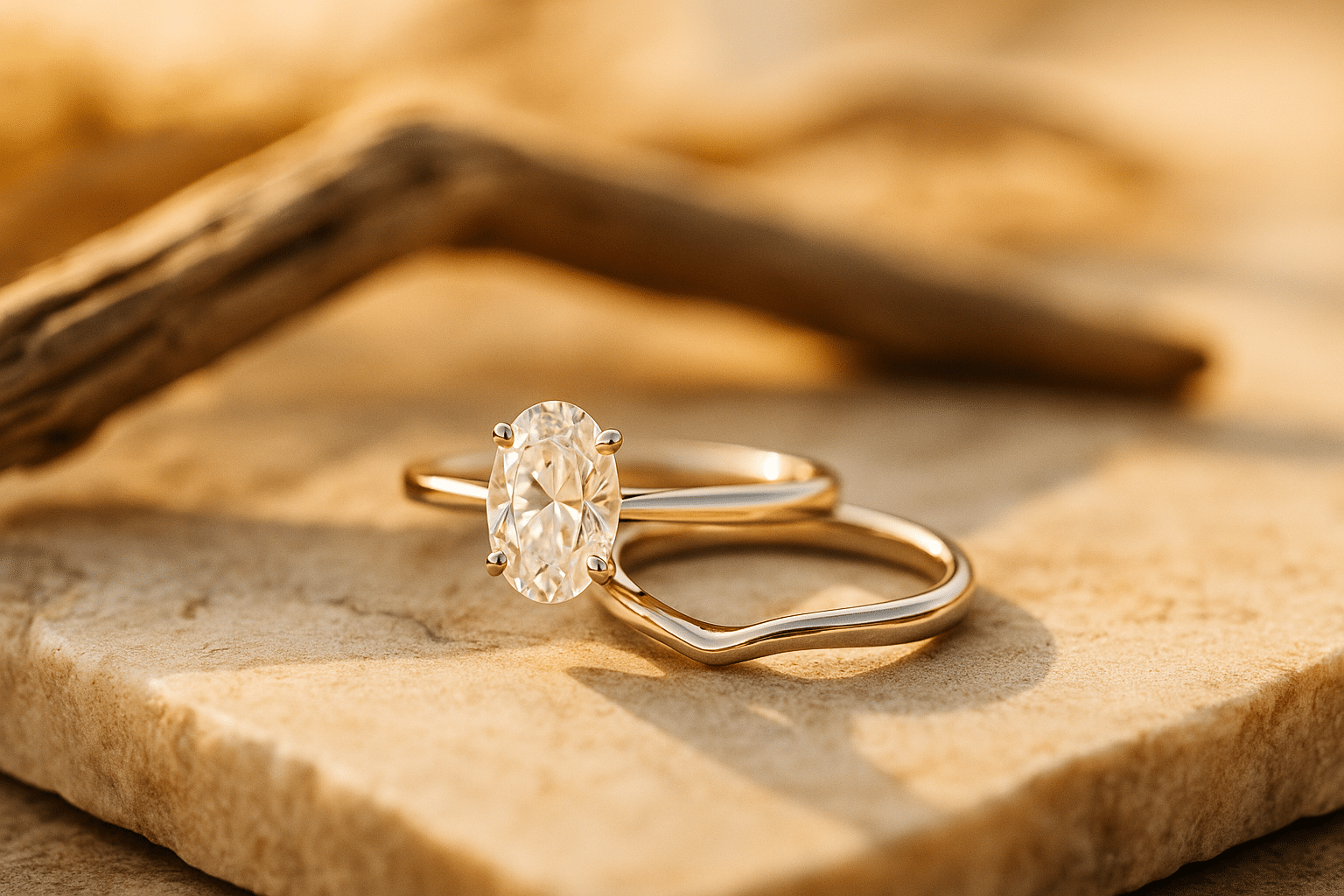 Custom engagement ring and wedding band set displayed on a stone surface with soft coastal-inspired elements in the background