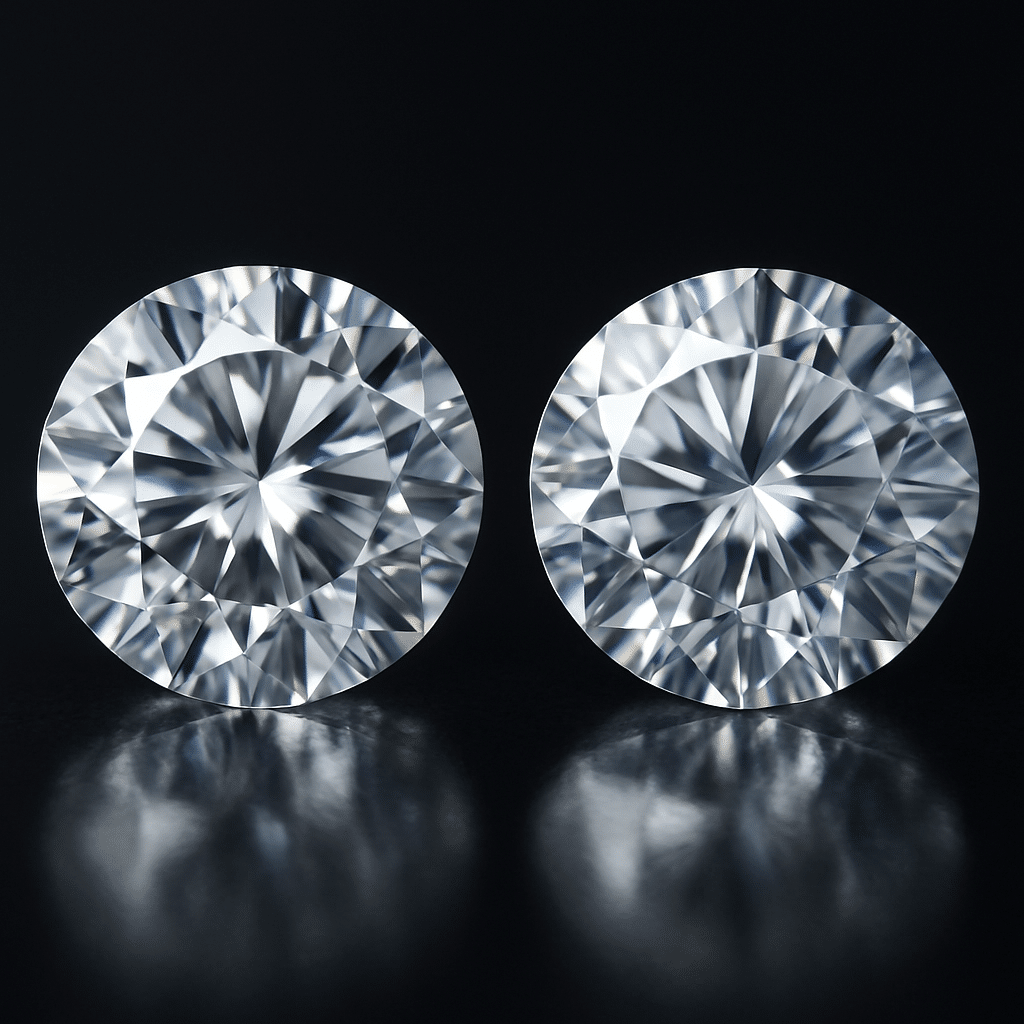 Lab Grown Diamond vs Natural Diamonds: The Definitive Comparison for Engagement Ring Buyers 1 Two diamonds side-by-side on a reflective surface showing identical brilliance between natural and lab-grown stones.