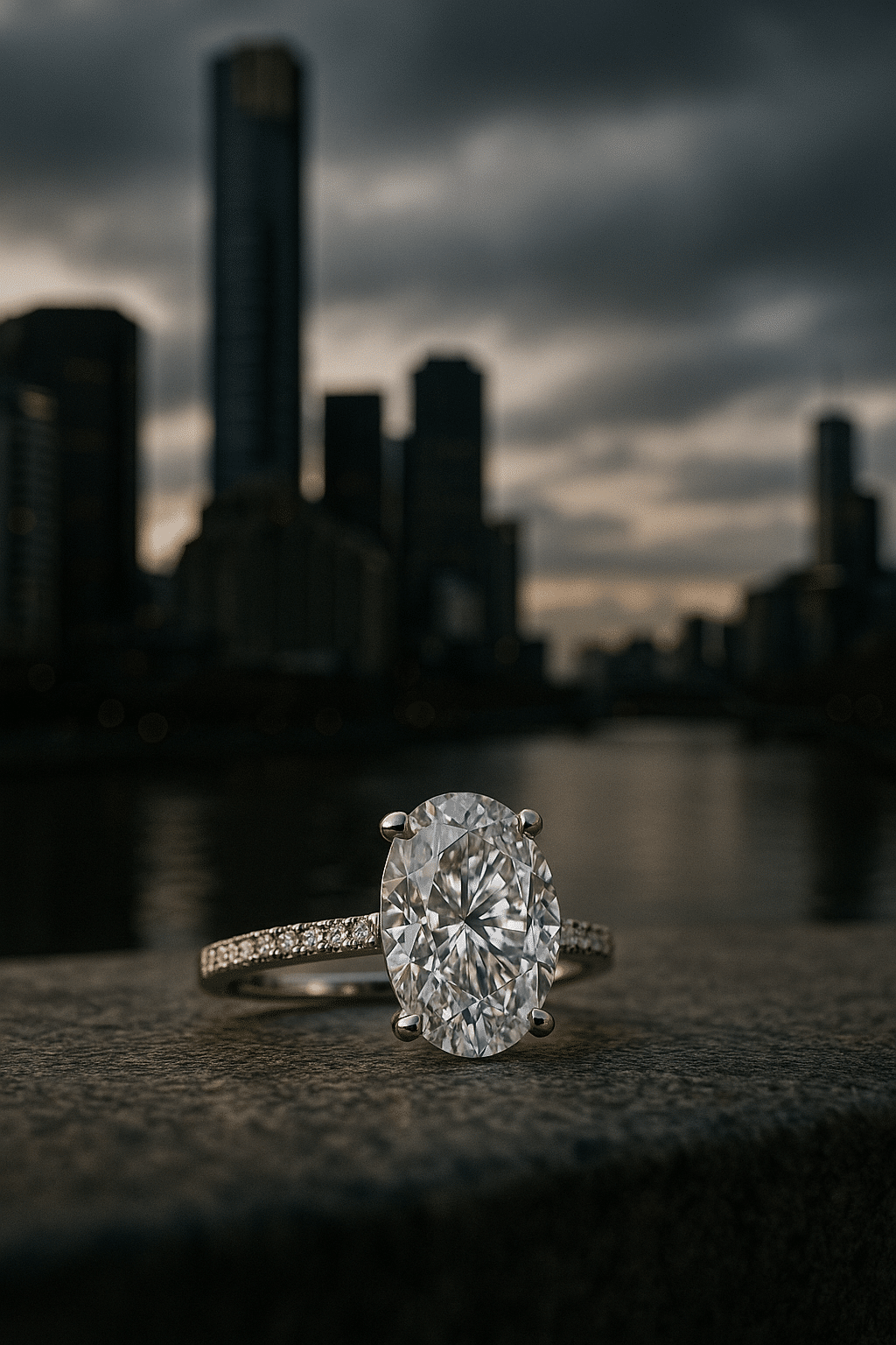 A handcrafted engagement ring photographed in front of Melbourne architecture with soft reflections from the Yarra River