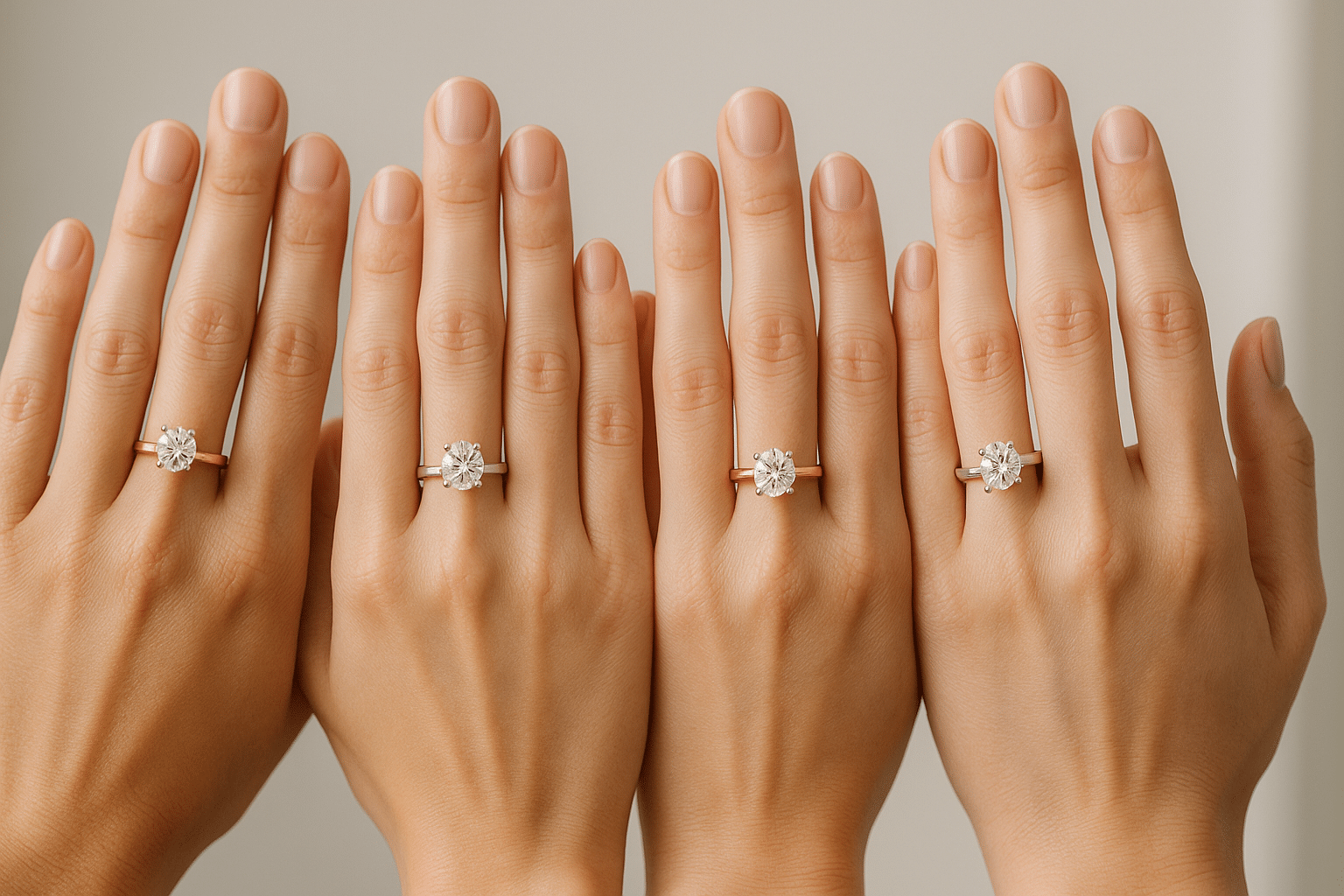 Hands wearing solitaire rings in yellow gold, white gold, rose gold, and platinum to compare metal colours.