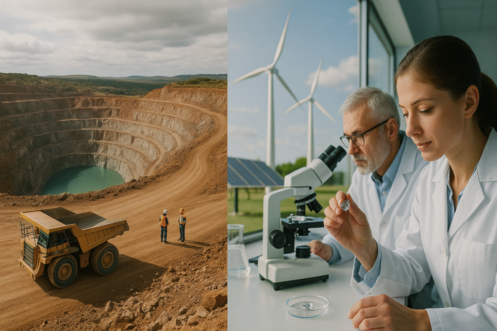 Lab Grown Diamond vs Natural Diamonds: The Definitive Comparison for Engagement Ring Buyers 2 A split-scene showing a regulated diamond mining site beside a renewable-energy laboratory producing lab-grown diamonds.