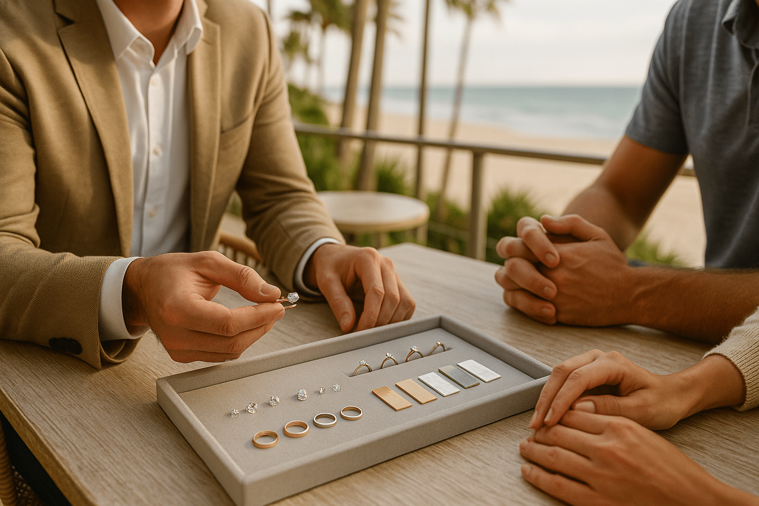 Jeweller showing engagement ring designs and diamonds to a couple during a relaxed outdoor consultation at a Gold Coast café.