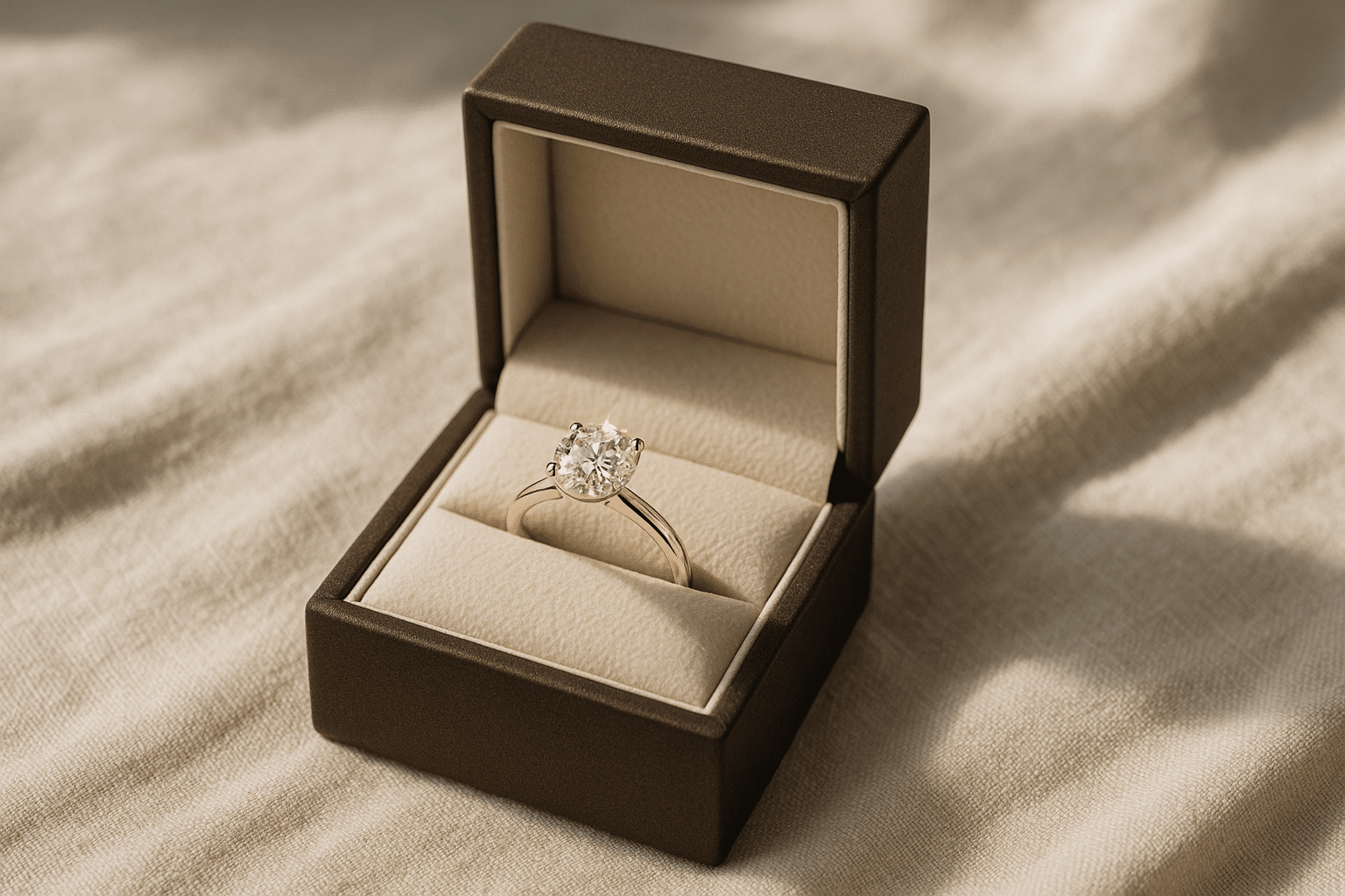 A custom engagement ring displayed in an elegant ring box on a soft linen surface with natural light highlighting its sparkle.