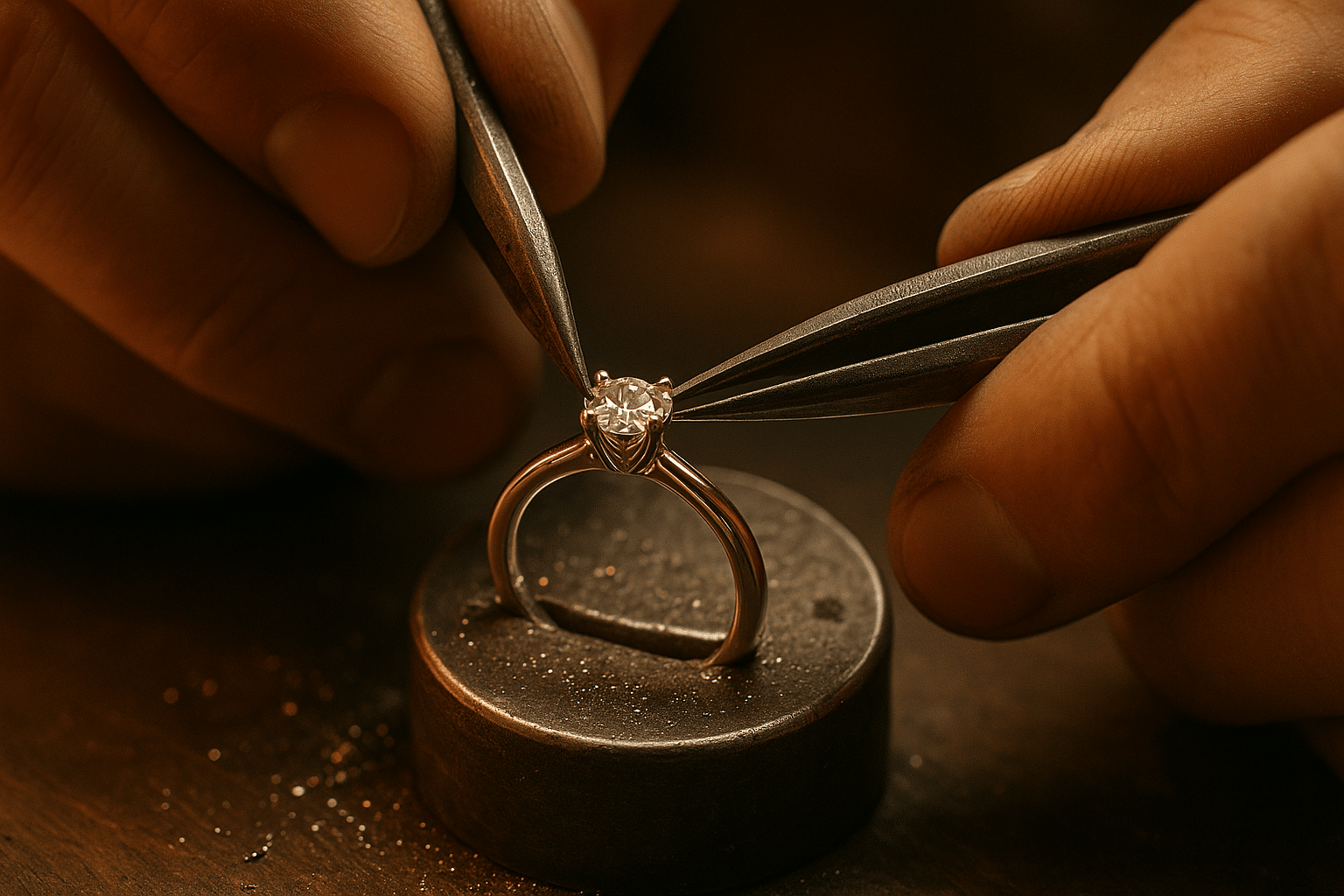 Hands wearing solitaire rings in yellow gold, white gold, rose gold, and platinum to compare metal colours.