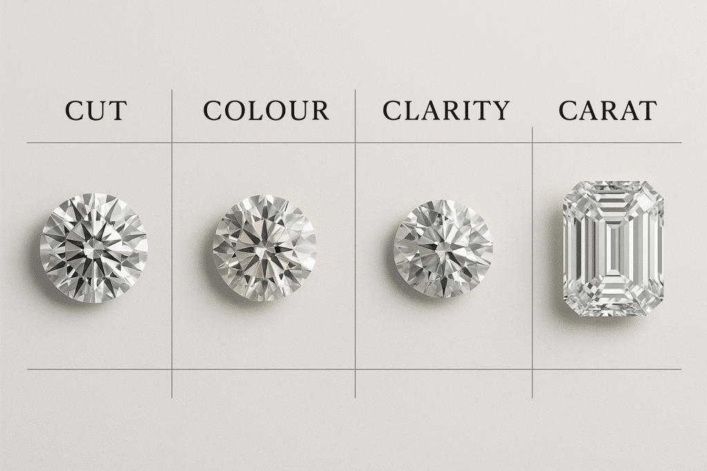 Four diamonds arranged to show the differences in cut, colour, clarity, and carat.