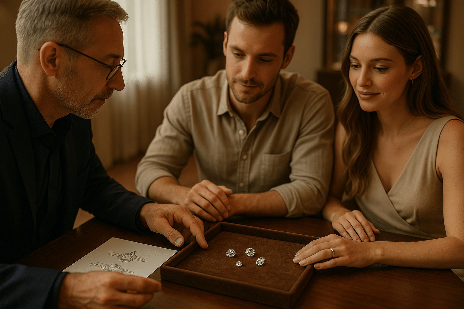 Jeweller presenting loose diamonds and ring design sketches to a couple during a bespoke consultation.