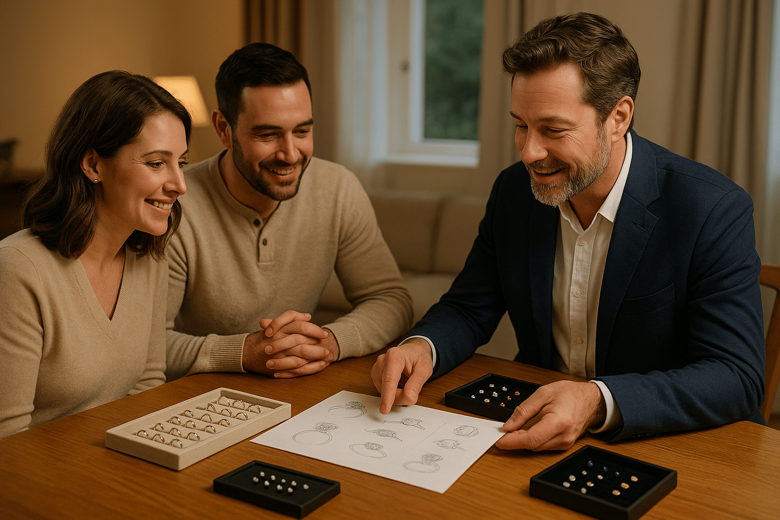 Jeweller showing diamonds and ring designs to a couple during a relaxed, in-home consultation.