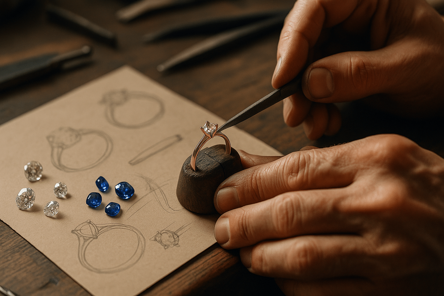 Master jeweller crafting a custom engagement ring by hand with tools, diamonds, and design sketches on the workbench.