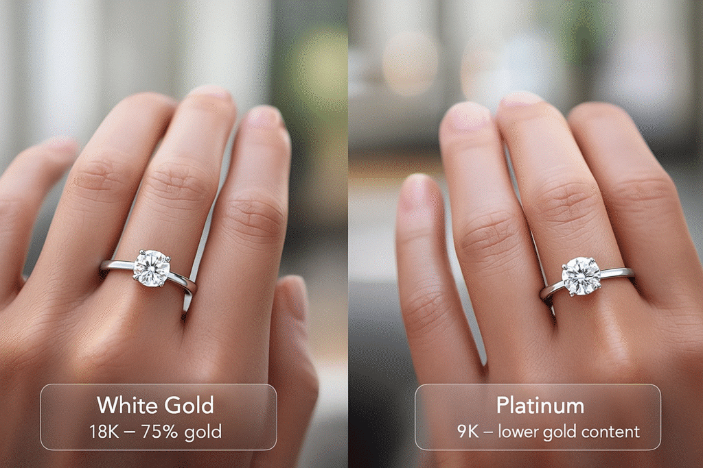 What Is White Gold? Full Breakdown of Alloys, Colour, Durability & Care Tips 2 Comparison of white gold and platinum engagement rings on hands showing difference in colour and finish