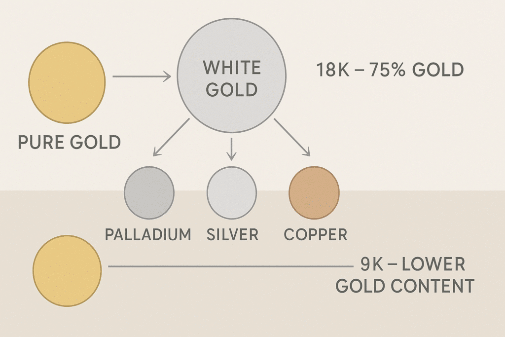 What Is White Gold? Full Breakdown of Alloys, Colour, Durability & Care Tips 1 Illustration showing how pure yellow gold is mixed with other metals to create white gold alloys