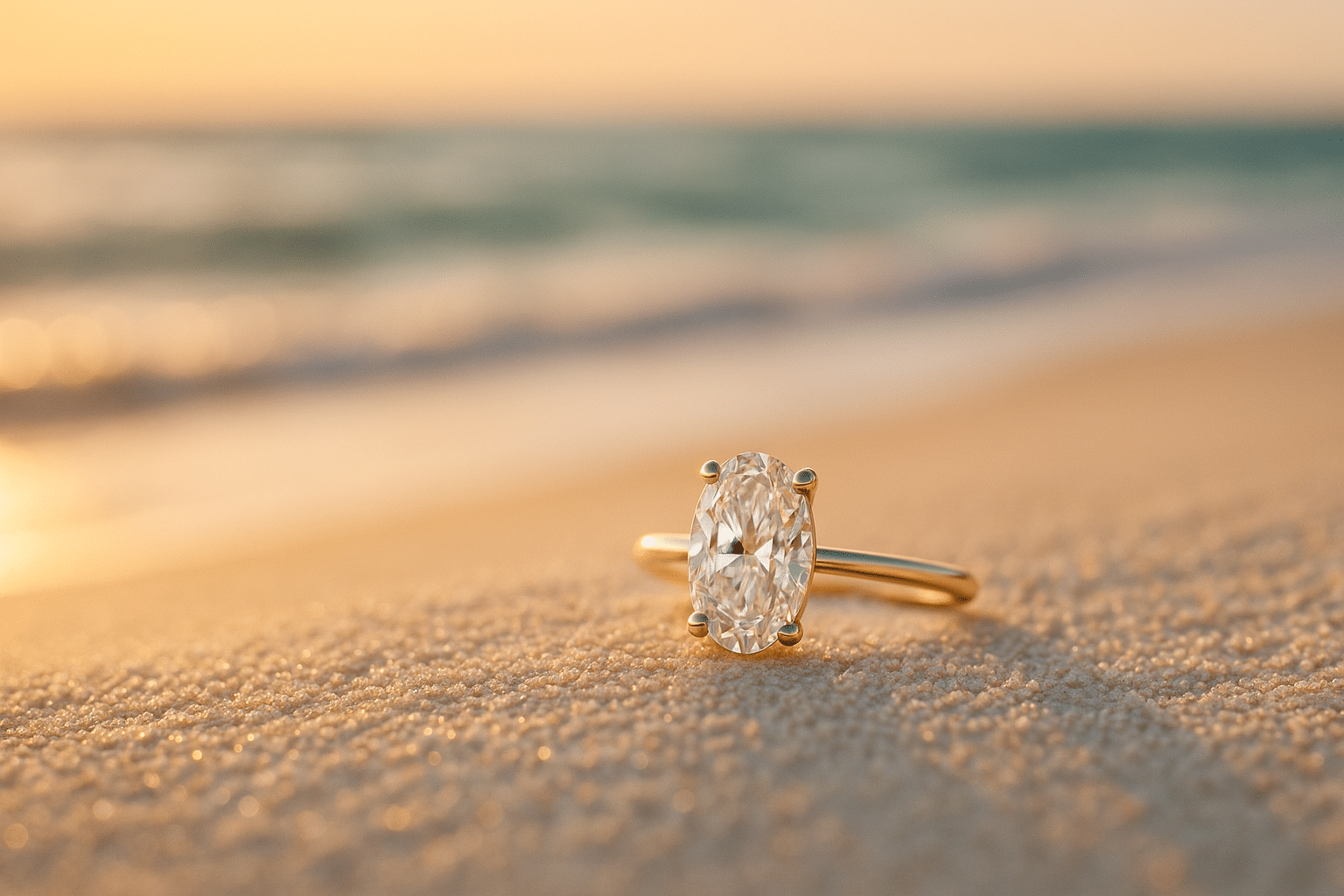 Engagement ring with an oval diamond resting on Gold Coast sand at golden hour with the ocean in the background.