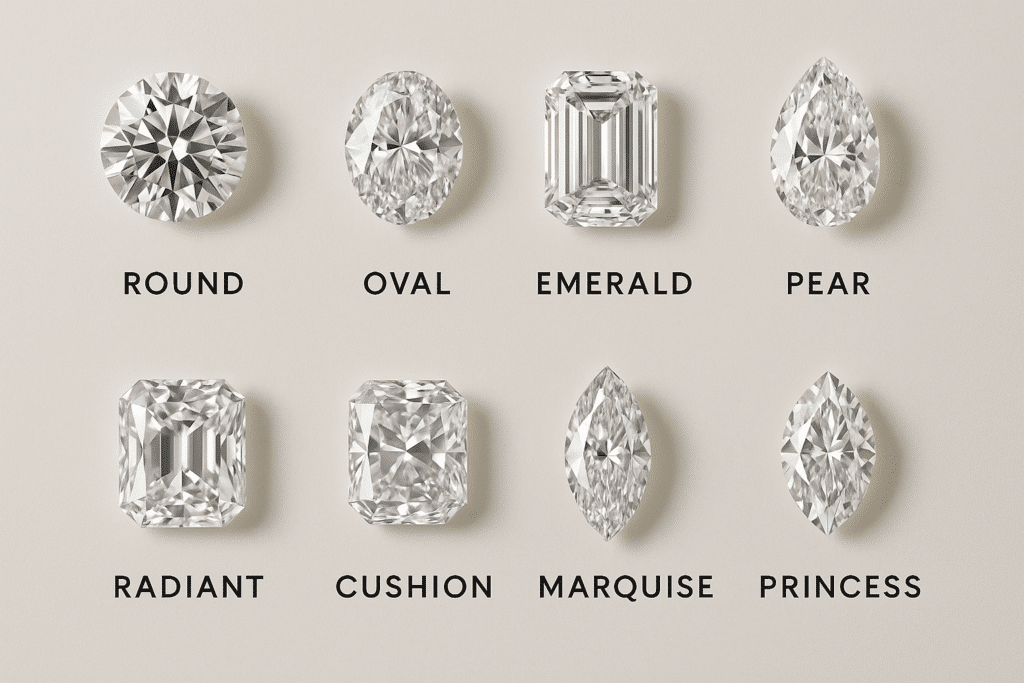 A neatly arranged flat-lay image showing eight different diamond shapes side by side for comparison.