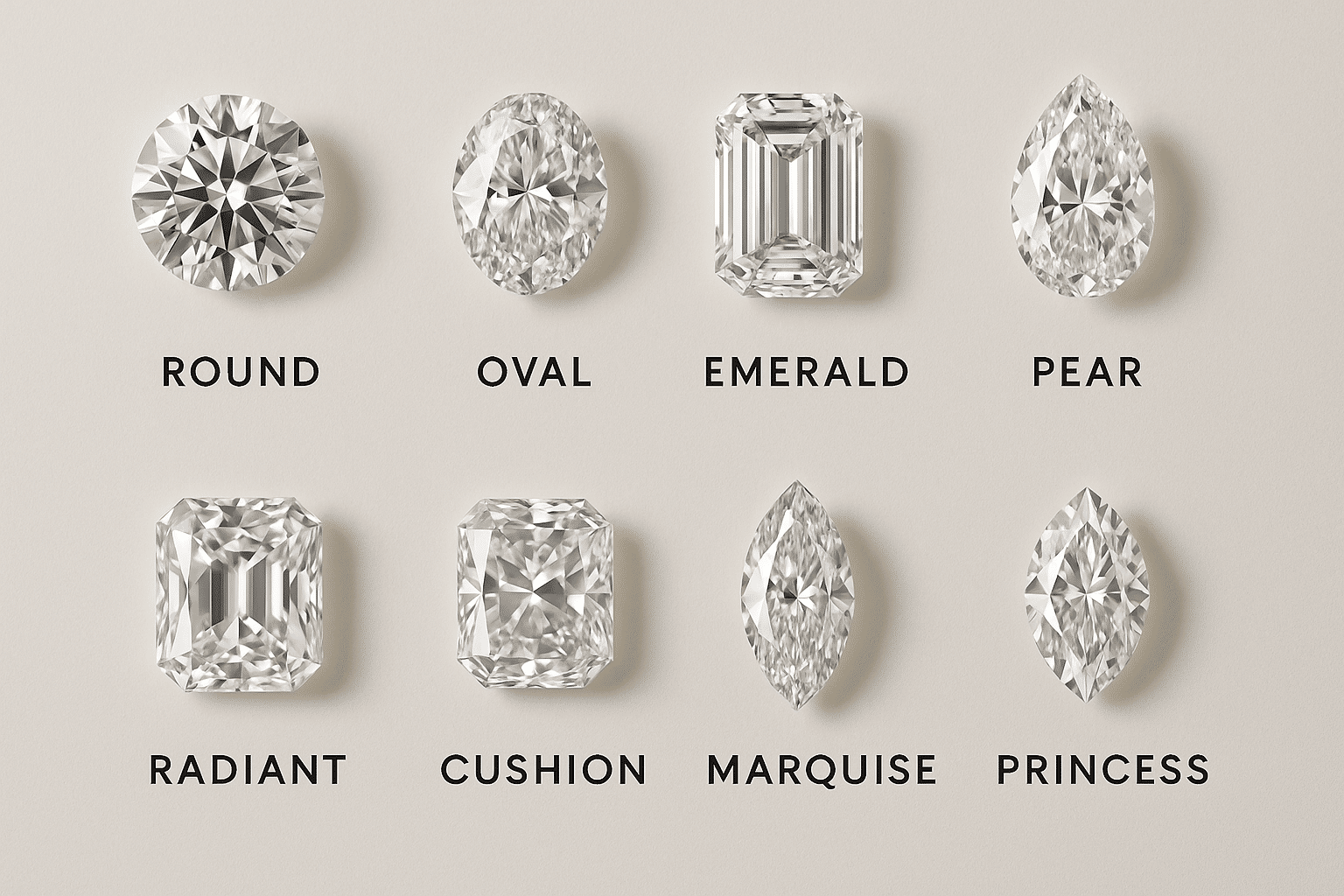 A neatly arranged flat-lay image showing eight different diamond shapes side by side for comparison.