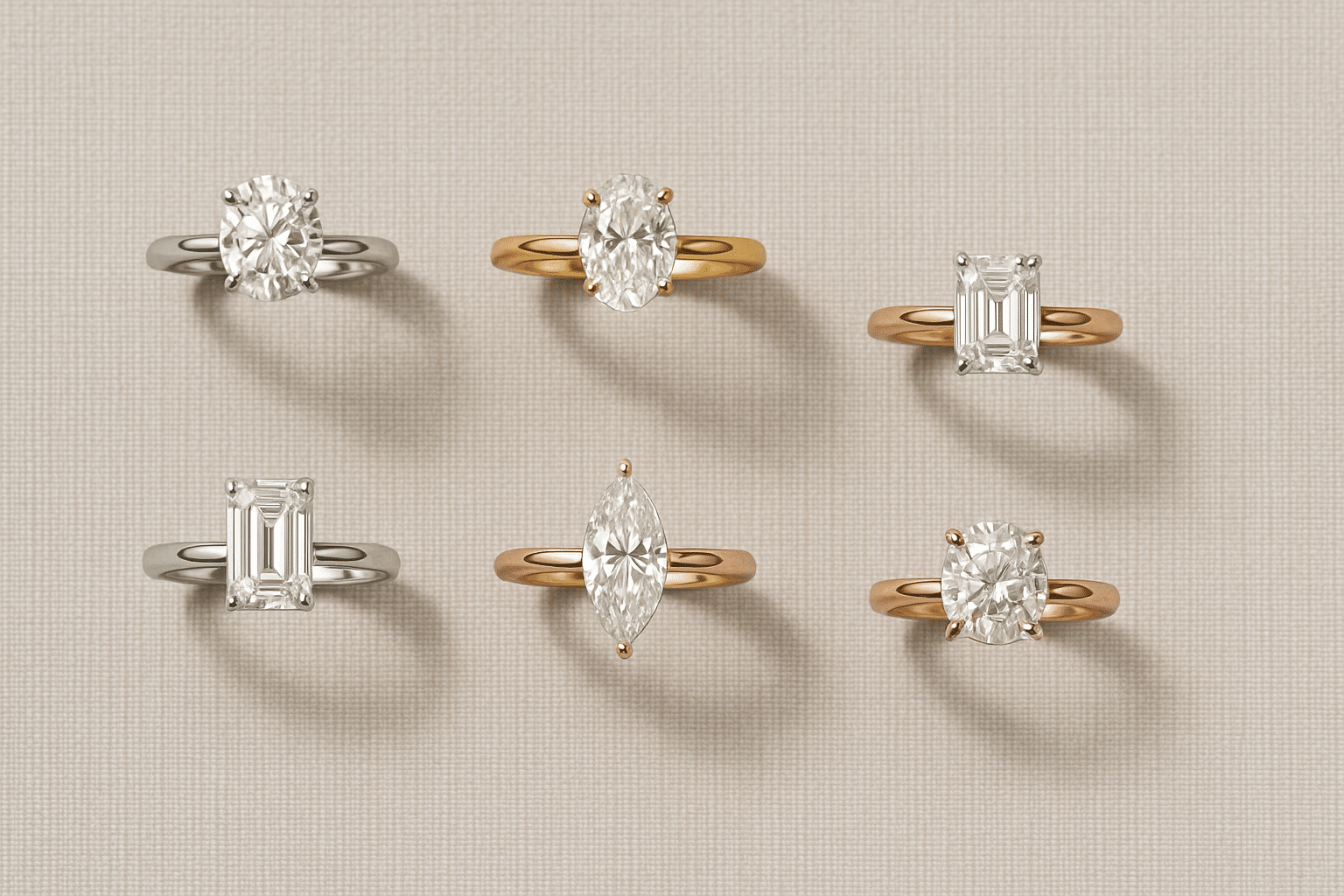 Flat-lay of six engagement ring shapes arranged neatly on a neutral fabric background.