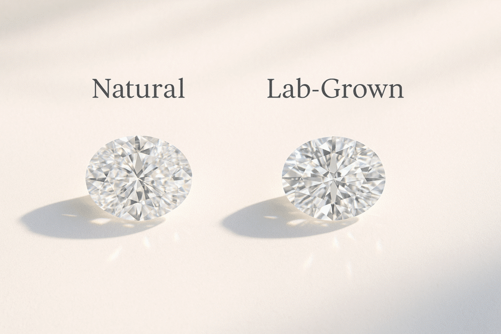 A side-by-side visual showing a lab-grown diamond and a natural diamond under bright, scientific lighting.