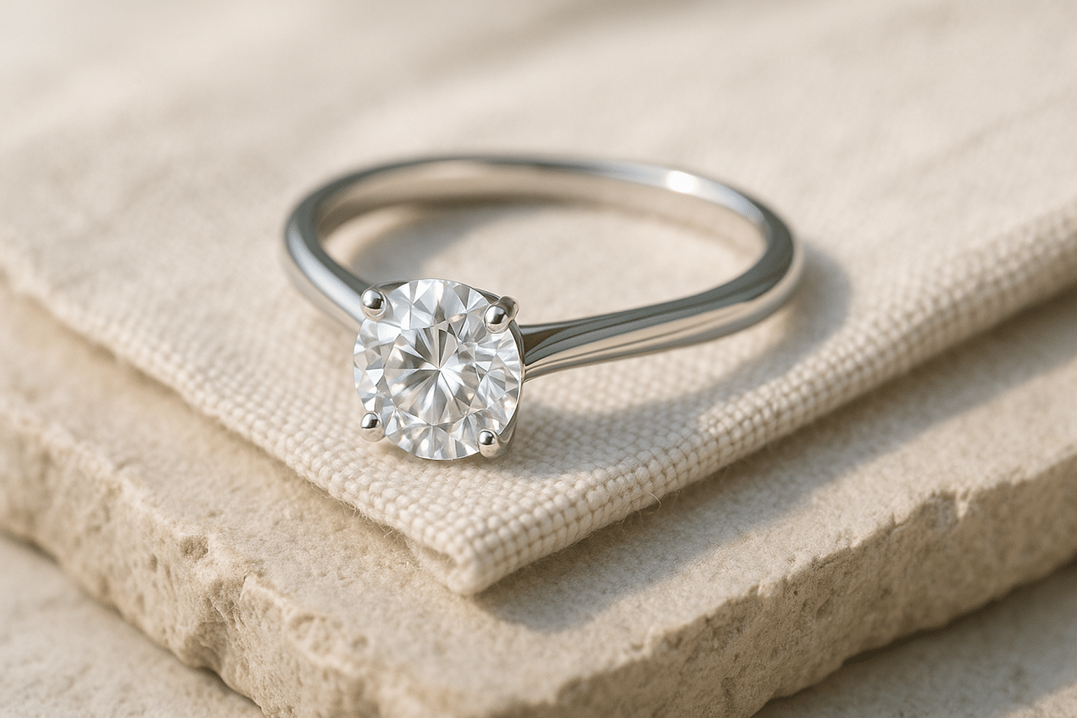 Hands wearing solitaire rings in yellow gold, white gold, rose gold, and platinum to compare metal colours.