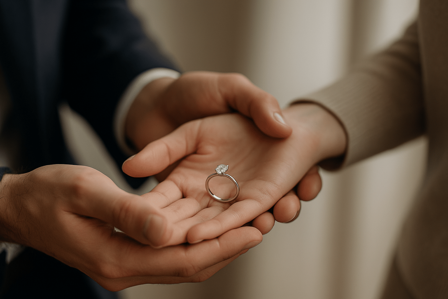 A couple holding a lab grown diamond engagement ring in a modern, elegant setting.