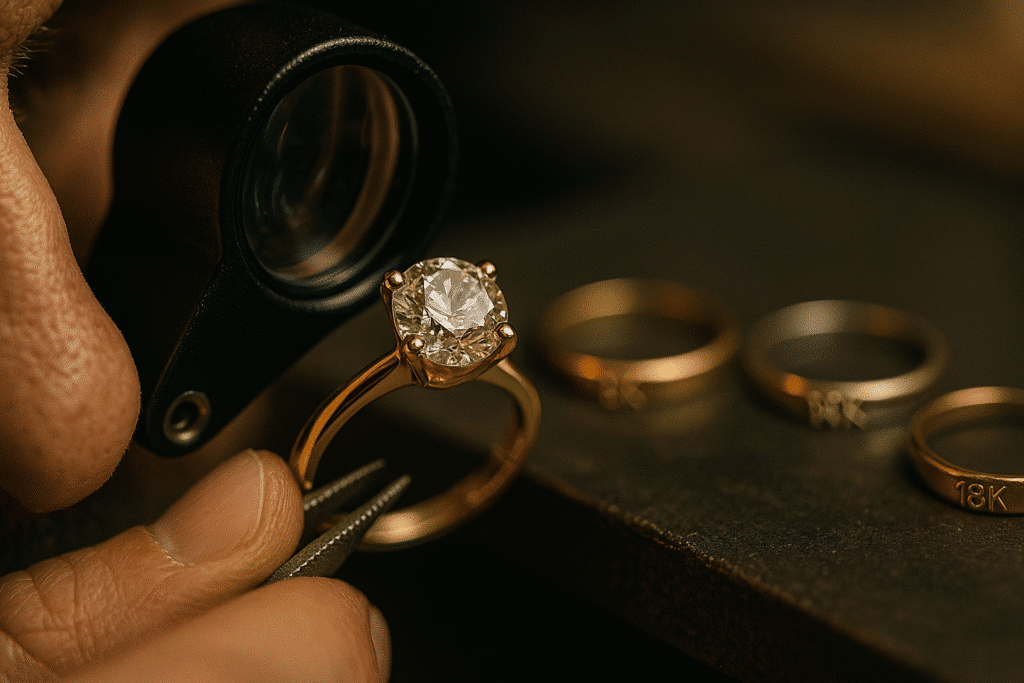 9K vs 14K vs 18K: The Gold Type That Makes Your Engagement Ring Last Longer 2 Jeweller inspecting a diamond engagement ring under magnification, with various gold setting purities displayed behind to show differences in metal strength.