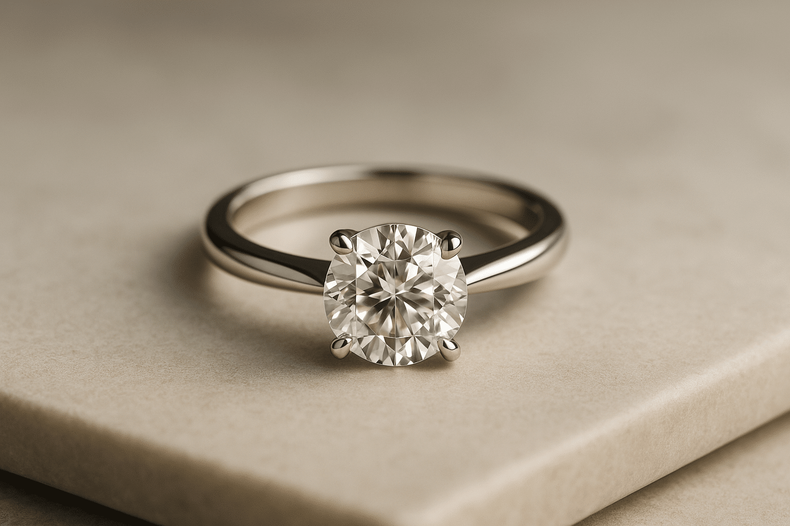 Lab grown diamond engagement ring photographed in a modern, minimalist luxury setting.