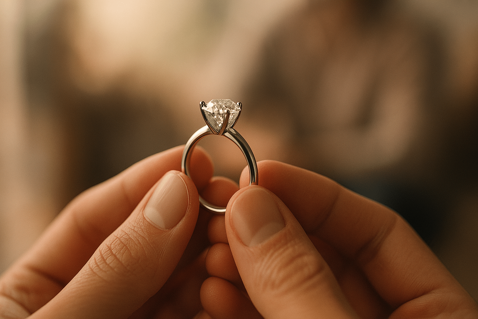 Hands wearing solitaire rings in yellow gold, white gold, rose gold, and platinum to compare metal colours.