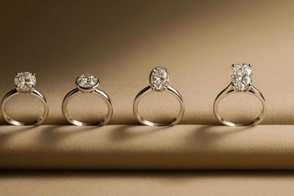Engagement rings displayed on velvet, each demonstrating a different couture-inspired setting style.