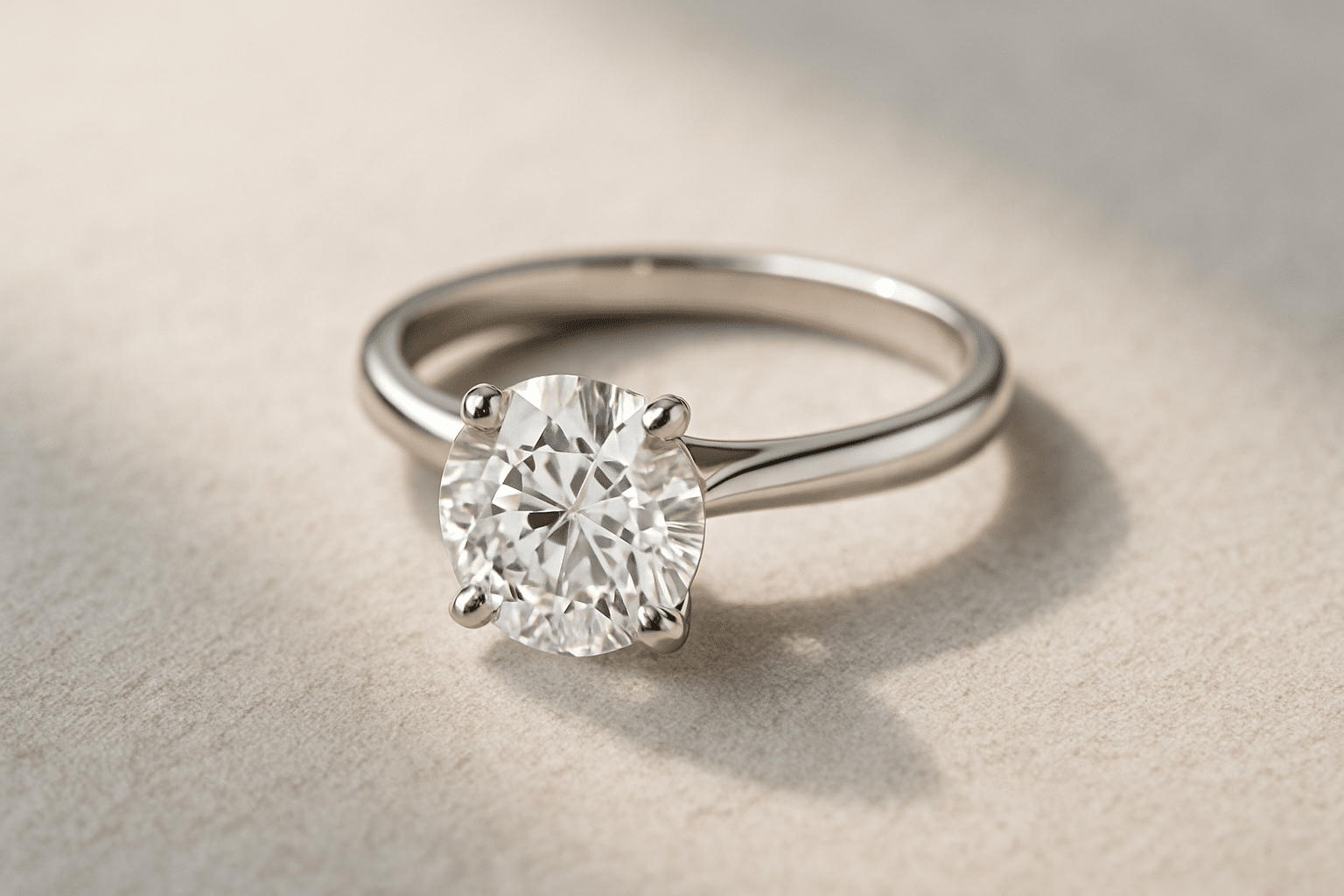 Lab grown diamond engagement ring displayed in a modern, ethical luxury setting with natural light.