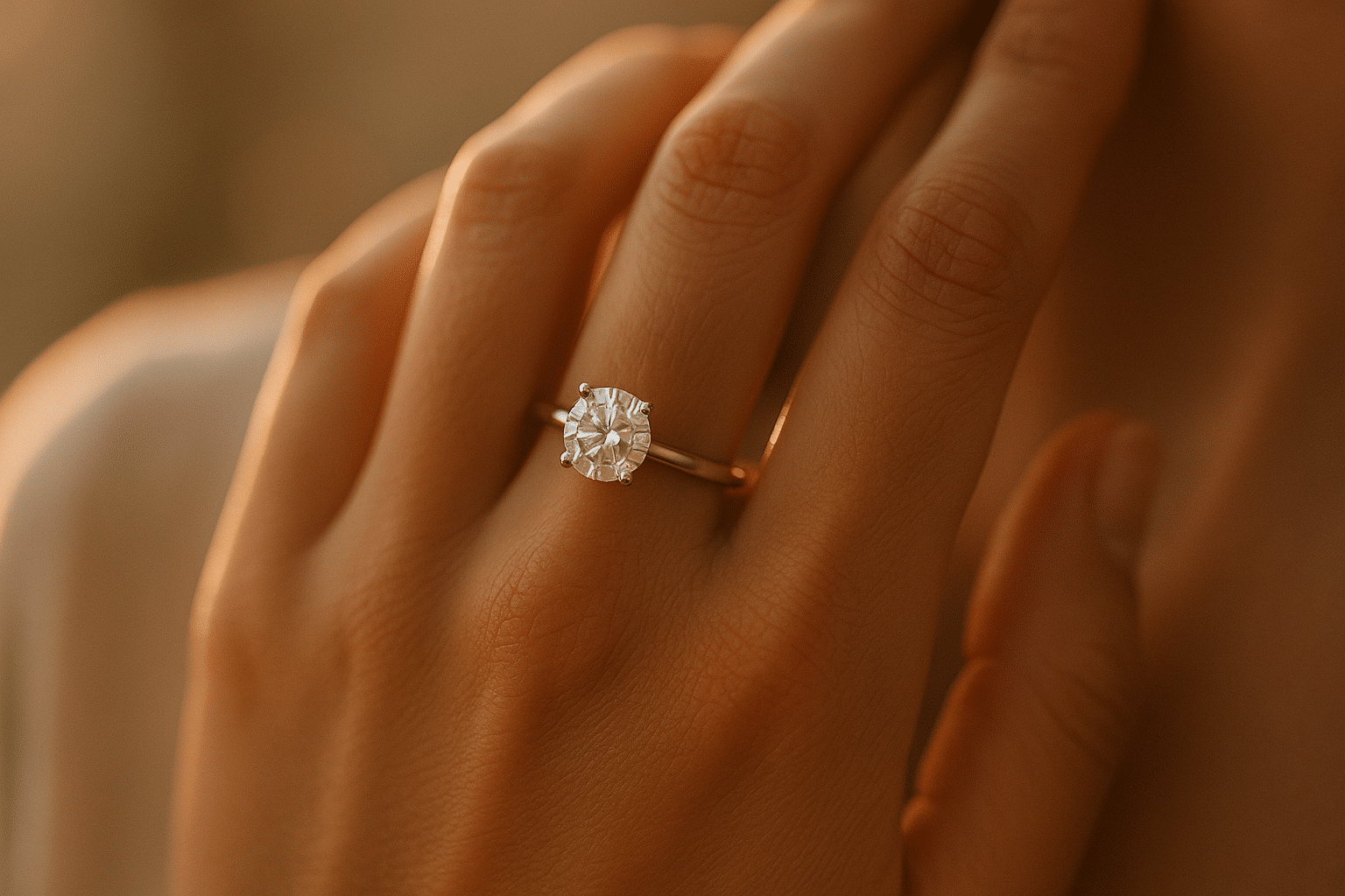 A lab grown diamond ring worn on a hand in soft natural light.