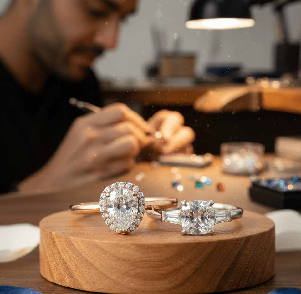 Close-up of a jeweler hand-crafting a custom diamond ring, representing the bespoke creation of love stories in Canberra.