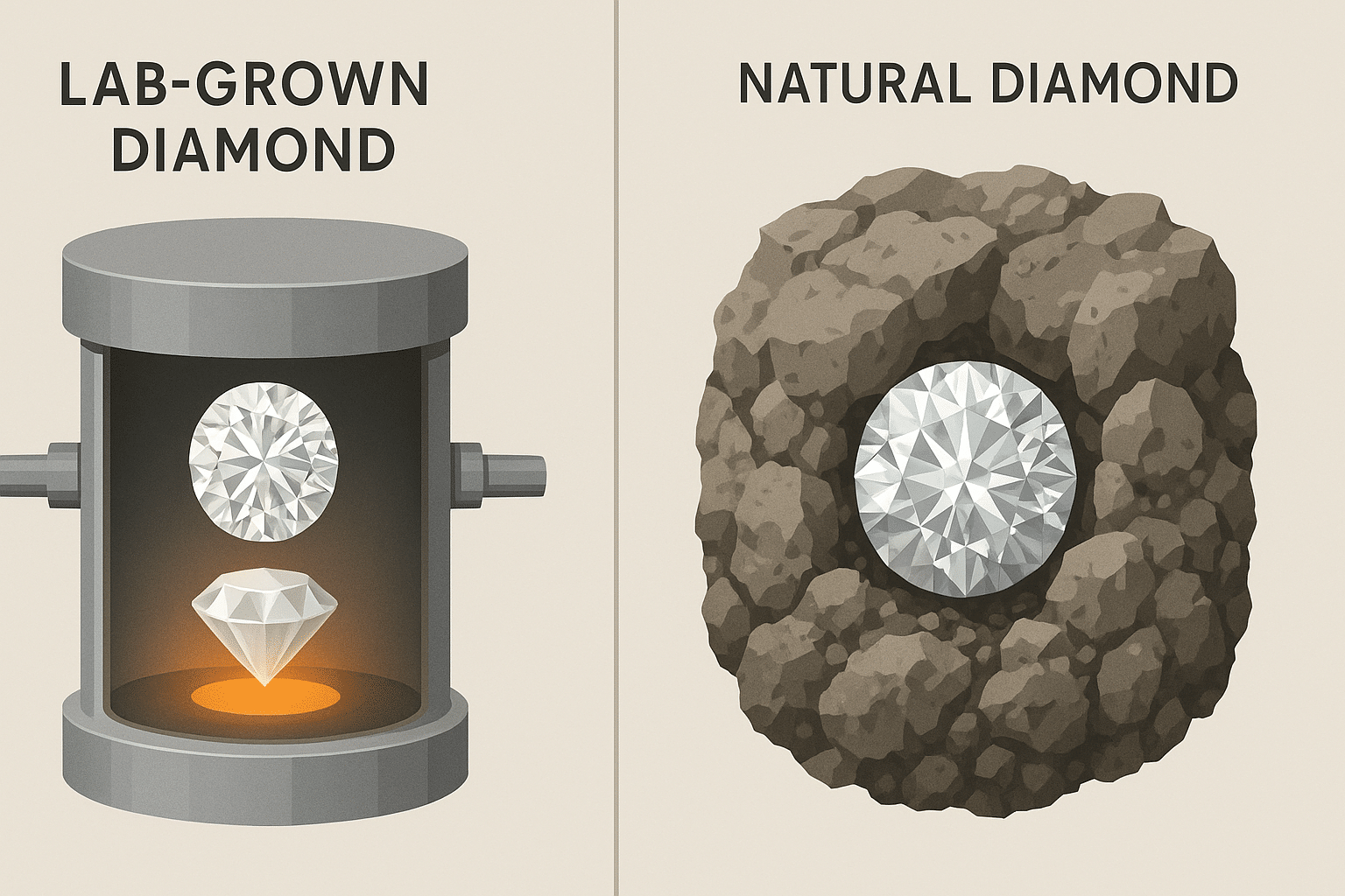 Side-by-side visual comparison of a lab grown diamond created in a laboratory and a natural diamond formed underground.