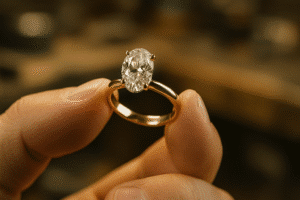 Close-up of a handcrafted engagement ring held by a jeweller, with workshop tools blurred behind it.