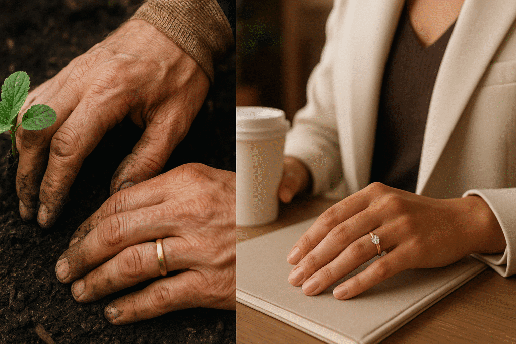 9K vs 14K vs 18K: The Gold Type That Makes Your Engagement Ring Last Longer 1 A split image comparing a hands-on worker wearing a durable ring on one side and someone in a daily lifestyle setting wearing a more delicate gold ring on the other.
