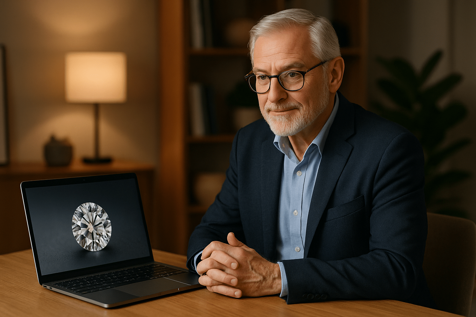 Master jeweller providing one-on-one diamond guidance during a private Zoom consultation.