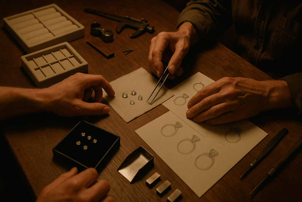 Jewellery designer and client reviewing loose diamonds and ring sketches on a workbench, highlighting the bespoke design process.