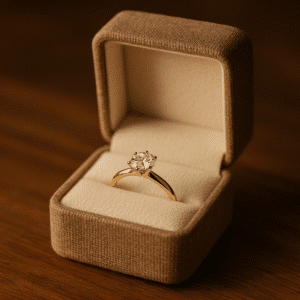 A finished bespoke engagement ring presented in a minimalist ring box.