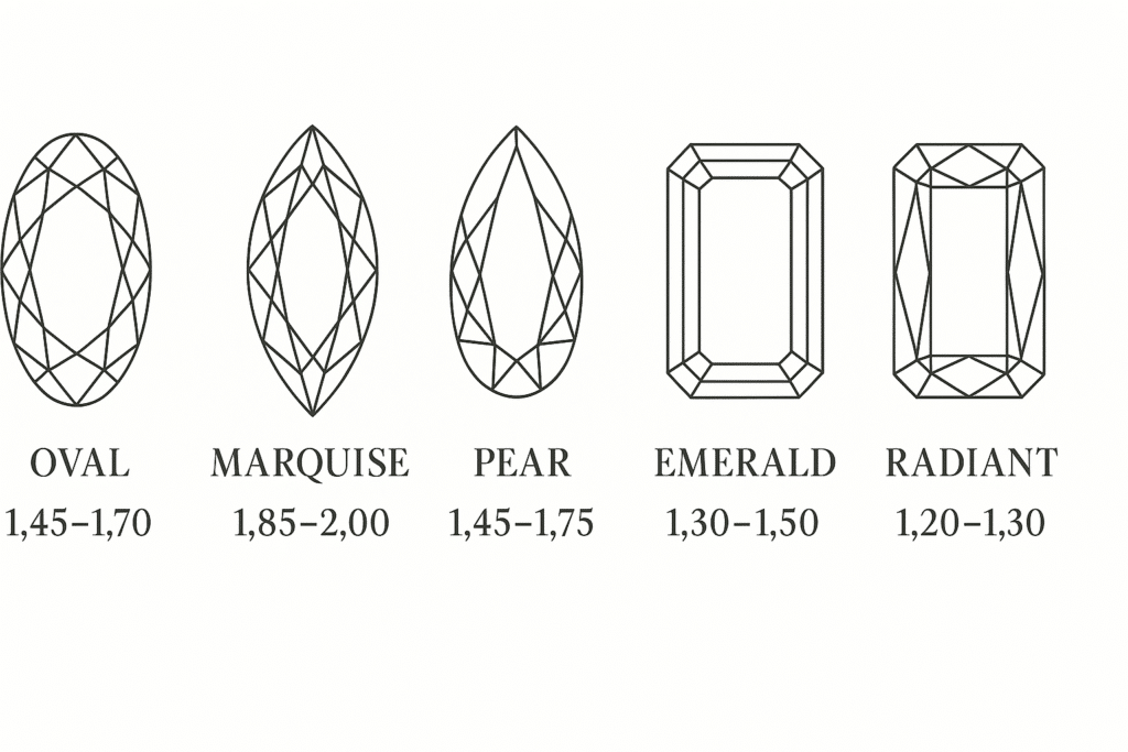The Engagement Ring Secret No One Tells You: The Cut That Transforms Your Hand 2 Graphic chart displaying different diamond shapes with their ideal length-to-width ratios for balanced proportions.