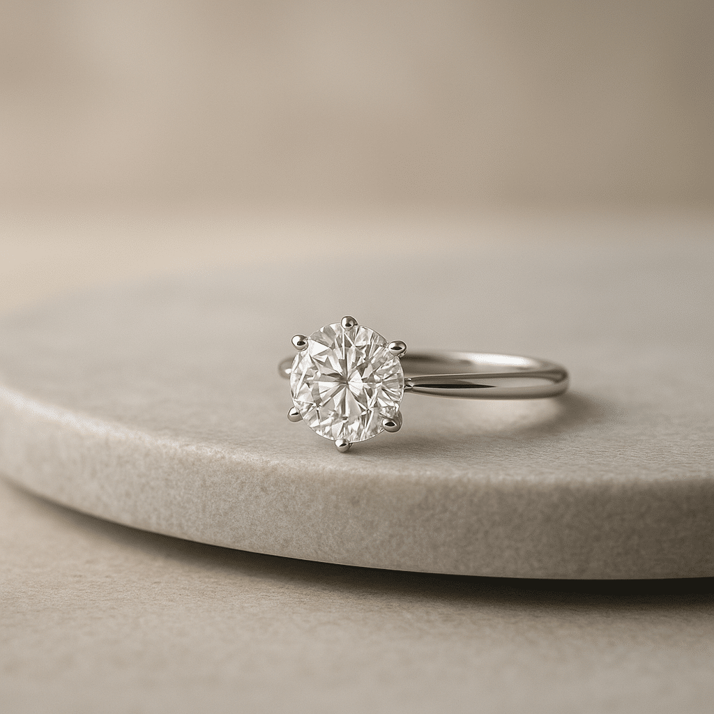 Flat-lay of six engagement ring shapes arranged neatly on a neutral fabric background.