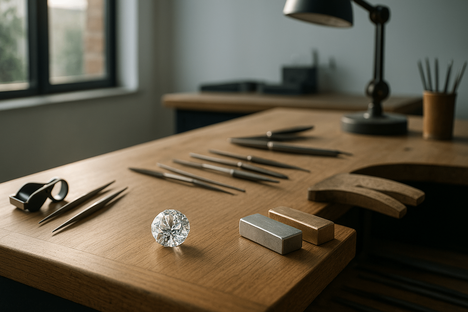 Lab grown diamond displayed on a jeweller’s workbench in a modern Brisbane jewellery studio, highlighting ethical luxury and craftsmanship.