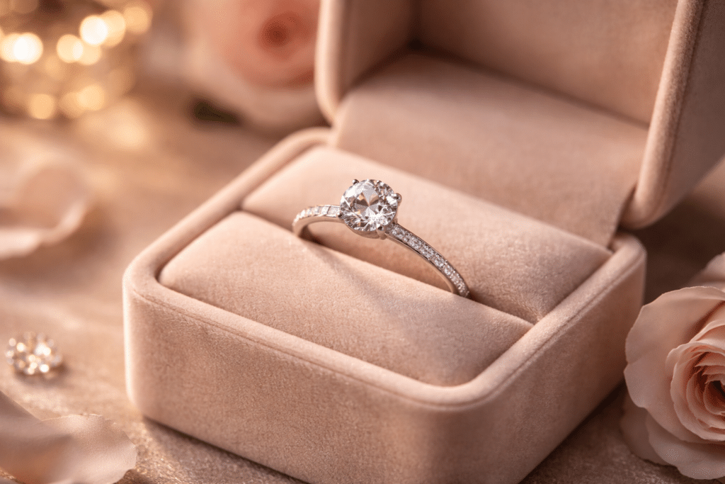 Handcrafted diamond engagement ring displayed in a velvet ring box.
