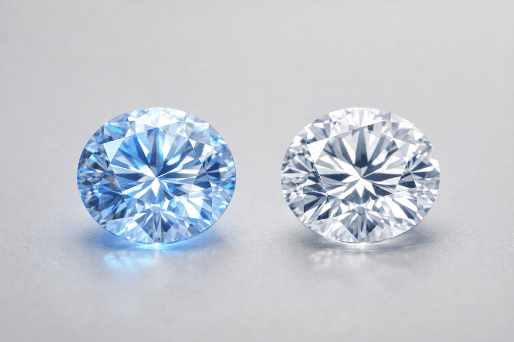 Two diamonds shown side by side, one with visible fluorescence and one without.