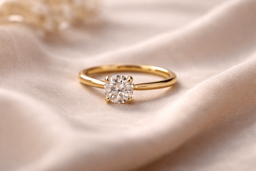 Finished bespoke yellow gold engagement ring ready for proposal.