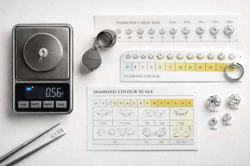 Diamond grading tools showing cut, colour, clarity, and carat weight.