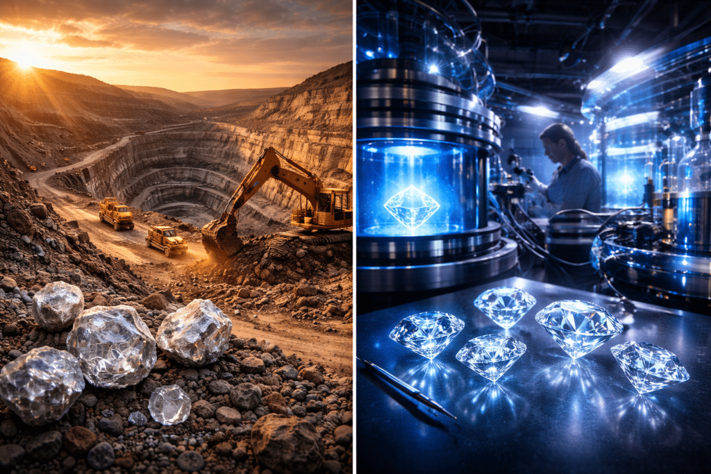 Natural diamond mining contrasted with lab-grown diamond production in a modern facility.
