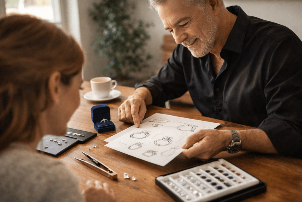 Jeweller guiding a client through custom engagement ring design options.