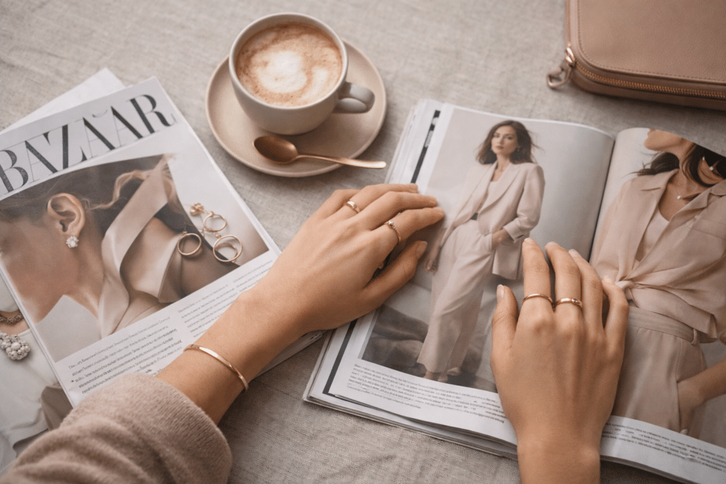 Woman’s everyday jewellery style shown through delicate gold accessories.